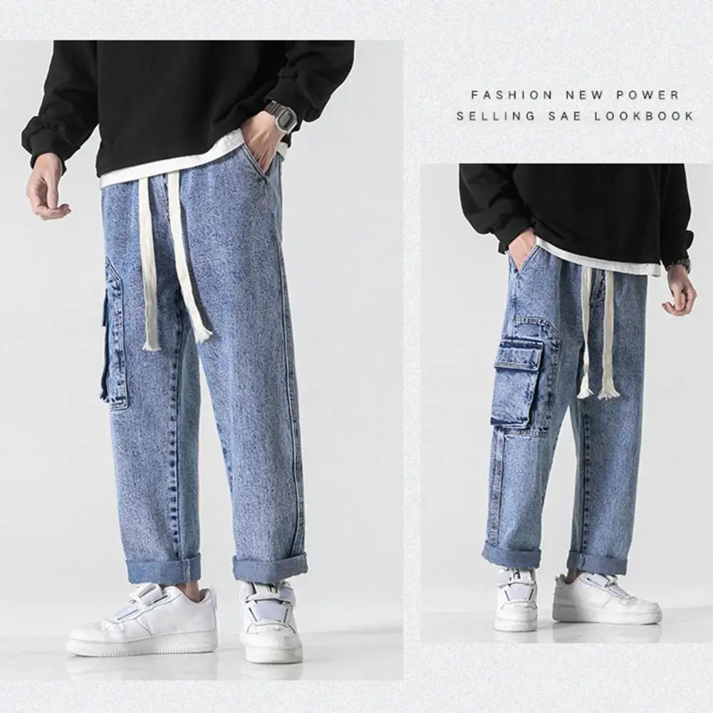 Strong Denim Jeans Men's Summer Casual Denim Pants with Elastic Drawstring Waist Multi Pockets Design Straight for Streetwear