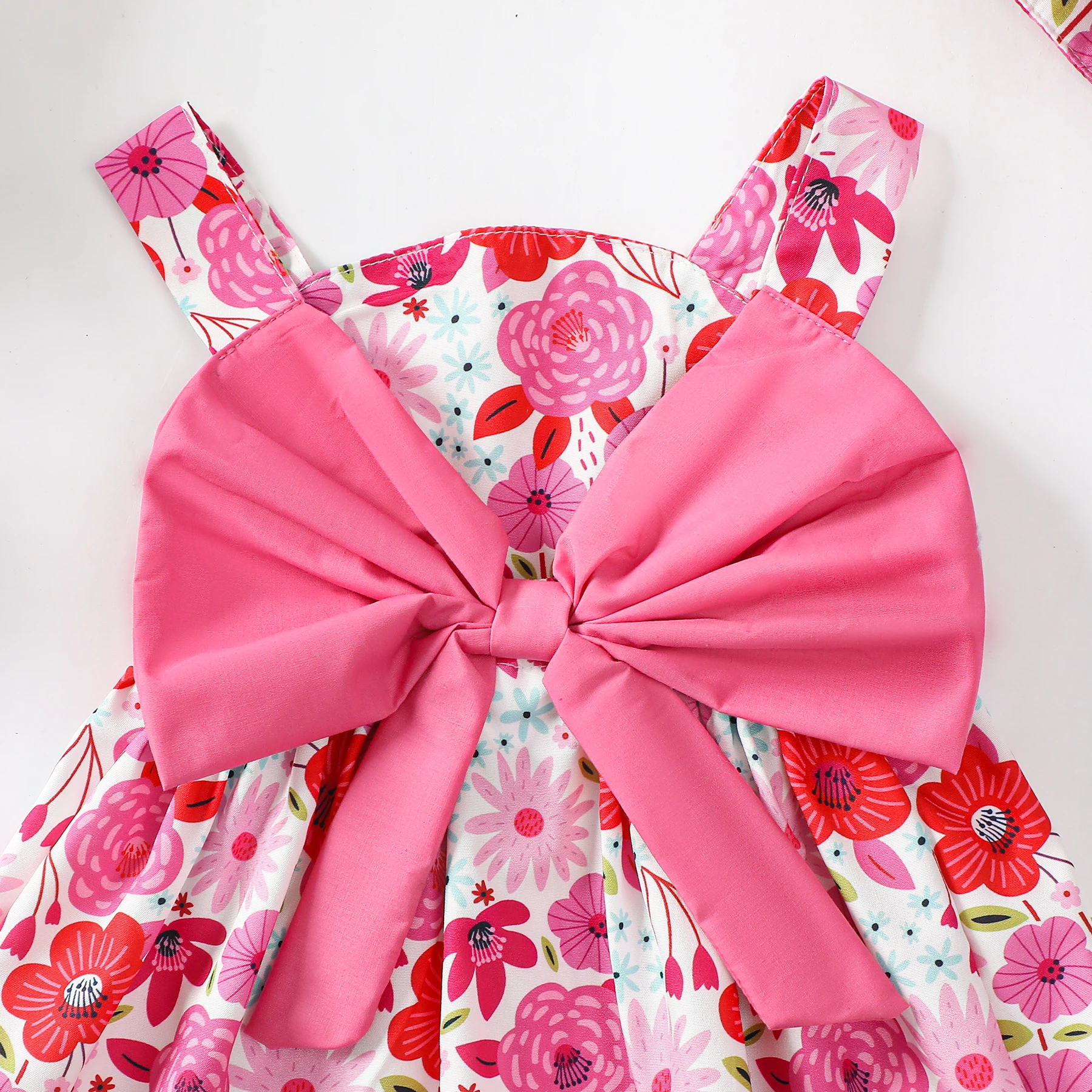 Summer Girl Dress Rose red With small Floral Patterns Big Bow Fashionable Dress + Hat 0-3 Year old Baby Girl beach Dress