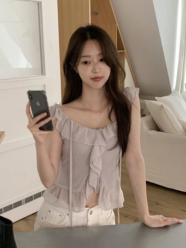 Chic Short Korean Style Shirt with Lace Hem Snow Pleated Flying Sleeves Waist Cinch Women's Fashion Spring Autumn Winter Top