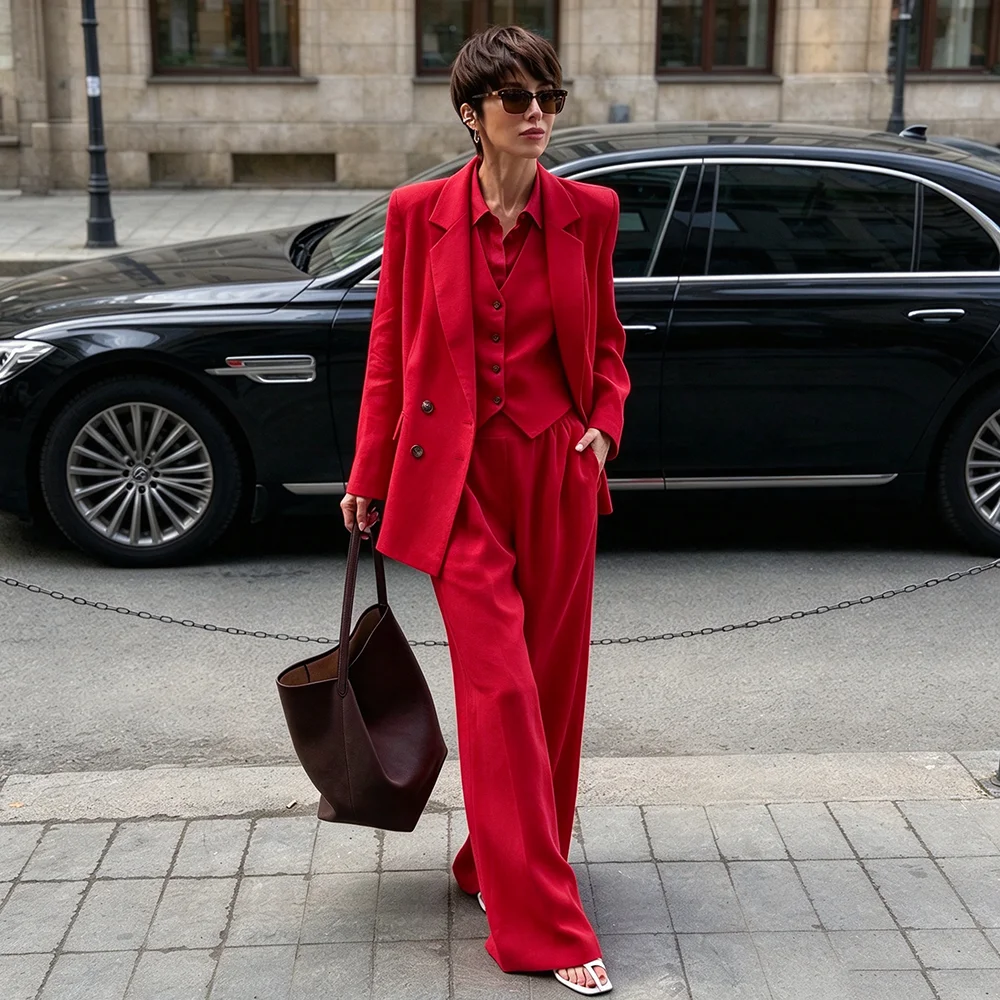 Fashion Red Women's Suits Smart Casual 3 Pieces Set Jacket Wide Leg Pants Vest High Quality Peak Lapel Chic Female Clothing