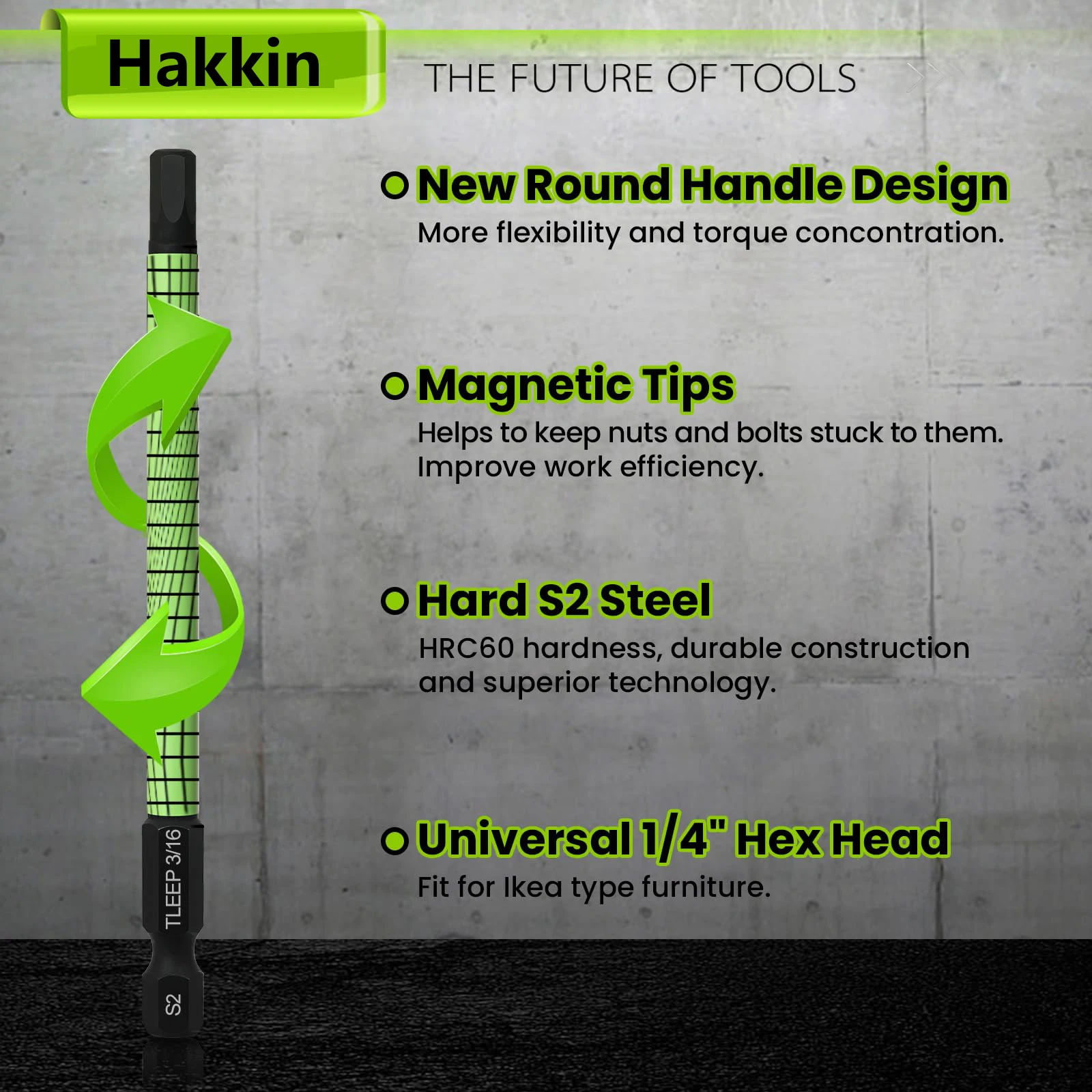 Hakkin 7 peças de brocas de chave allen de cabeça sextavada de 1/4 "-sae 1/8", 3/16", 5/32" conjunto de brocas de chave sextavada longa pontas magnéticas chave de fenda
