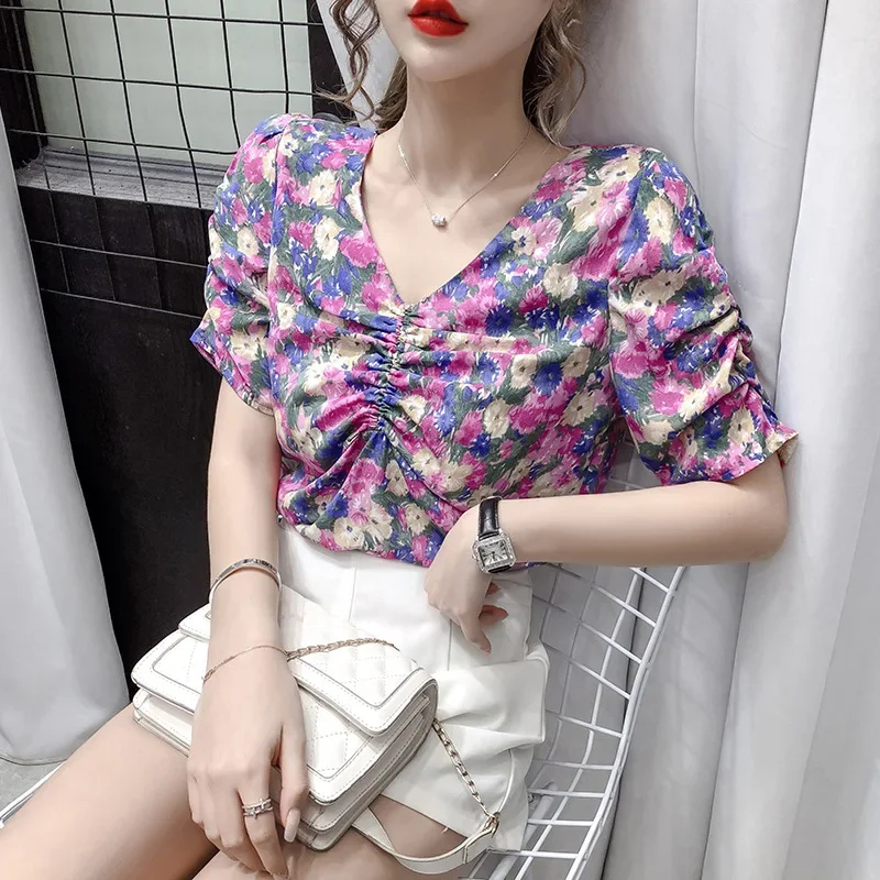 Tops For Women Summer 2020 Vintage Korean V Neck Ruched Flower Short Sleeve Chiffon Floral Print Blouse Shirt Top Women Clothing