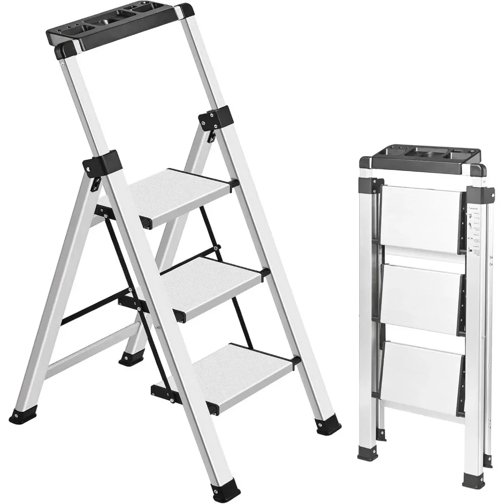 

Customizable-3 Step Ladder, Retractable Handgrip Folding Step Stool Ladders With Anti-Slip Wide Pedal, Aluminum 3 Steps, 330lbs