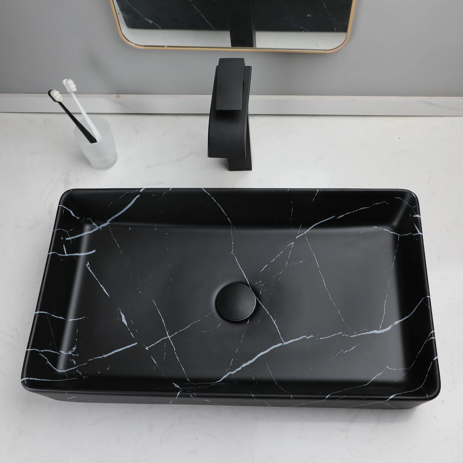 

Square Porcelain Countertop Washbasin Faucet Ceramics Bathroom Vessel Sink Set Pop Up Drain Combo Modern Basin Kit