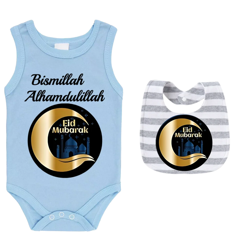 

Newborn baby one-piece suit baby sleeveless baby crawling suit Muslim print for boys and girls feeding bib tight-fitting