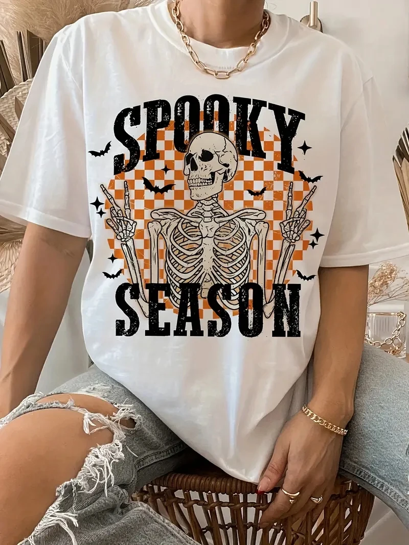 Plus size damski Halloween szkielet list drukuj swobodny T-shirt wycięcie pod szyją z krótkim rękawem Top na wiosnę lato odzież damska