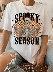 Plus size damski Halloween szkielet list drukuj swobodny T-shirt wycięcie pod szyją z krótkim rękawem Top na wiosnę lato odzież damska