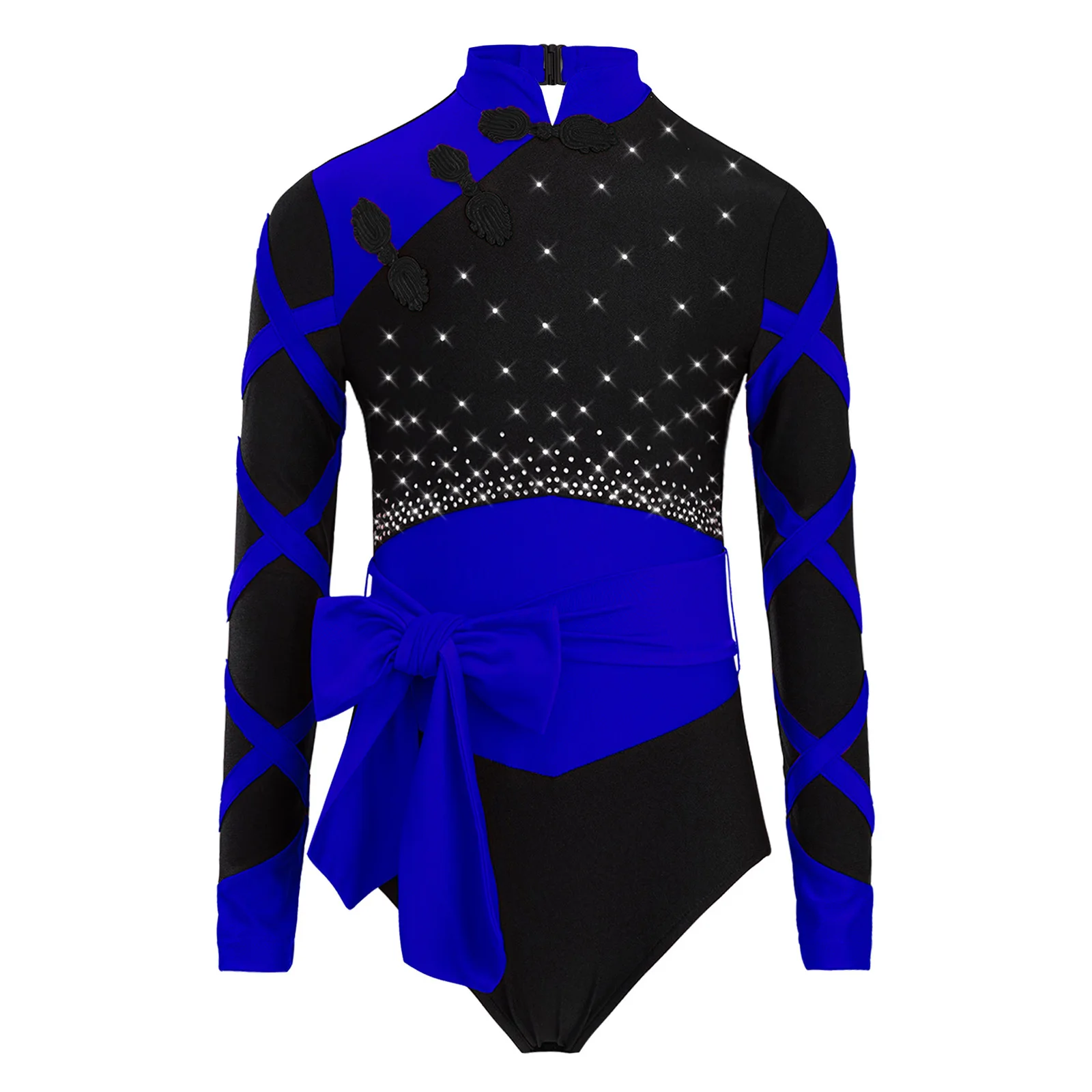Crianças meninas estilo chinês ginástica collant nó botão gola mandarim manga longa strass cor bloco dança unitard + cinto