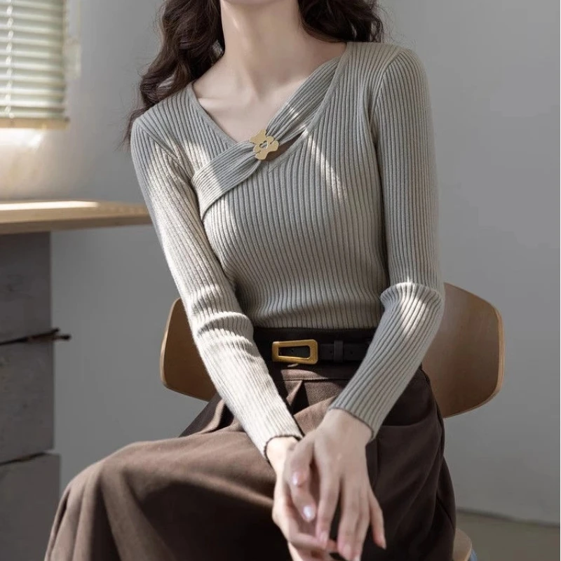 

V Neck Slim Solid Simplicity Temperament Sweaters Spring Autumn Long Sleeve Elegant Pullovers Top Fashion Korean Women Clothing