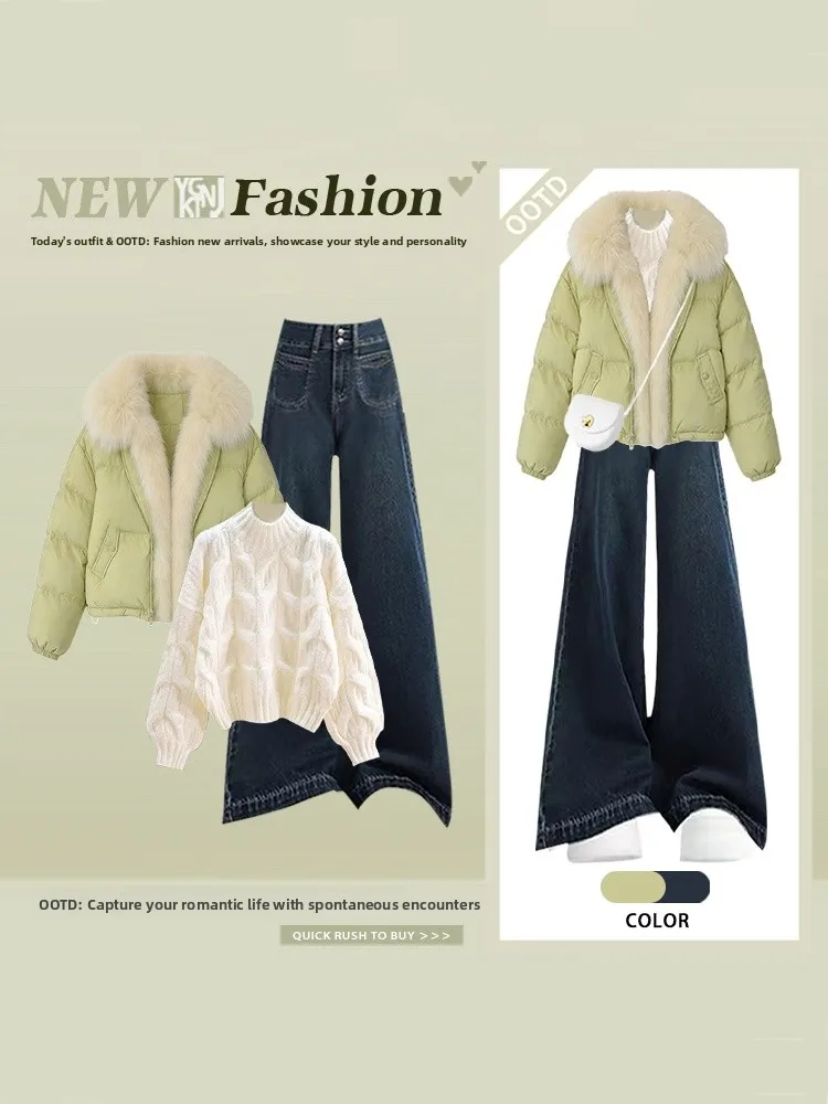 

Warmth Non-Bulky Winter Set Women's High Waist Wide Leg Jeans Jaet Coat Collar Two-Piece Suit Comfortable Cotton Outerwear