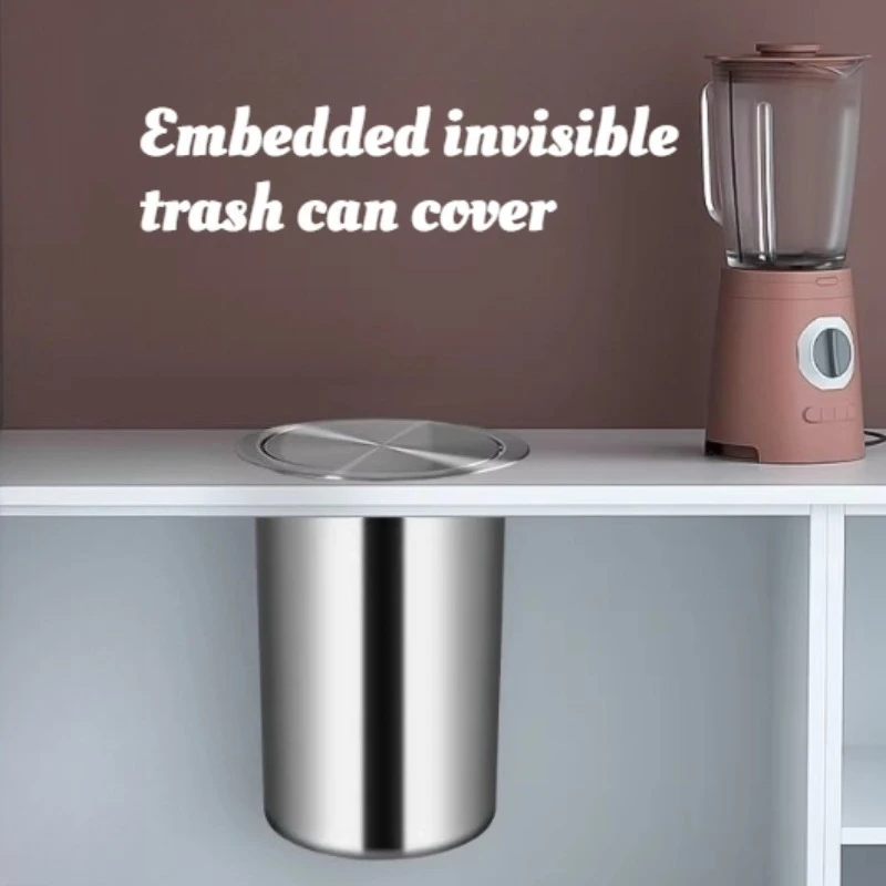 Metal Large-sized Cylinder Waste Bins Silver Desktop Embedded Waste Bin Rolling Cover Modern Simple Convenient Home Merchandise