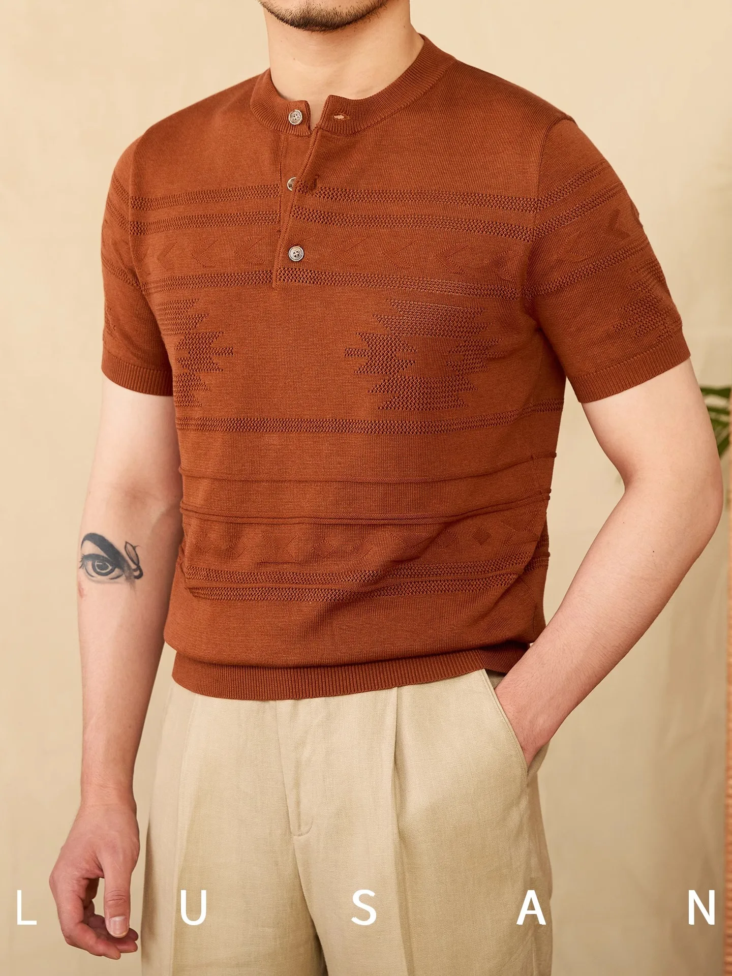 

Men's Tencel Cotton Blended Knitted T-Shirt Navajo Jacquard Henry Neck Short Sleeve American Retro Slim Fit Casual Tee