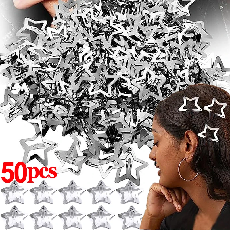 Silver Pentagram Metal Snap Clip 2/50Pcs Star Hair Clips women Girls Hairpins Barrettes Hair Grip Jewelry Nickle Free Bobby Pin