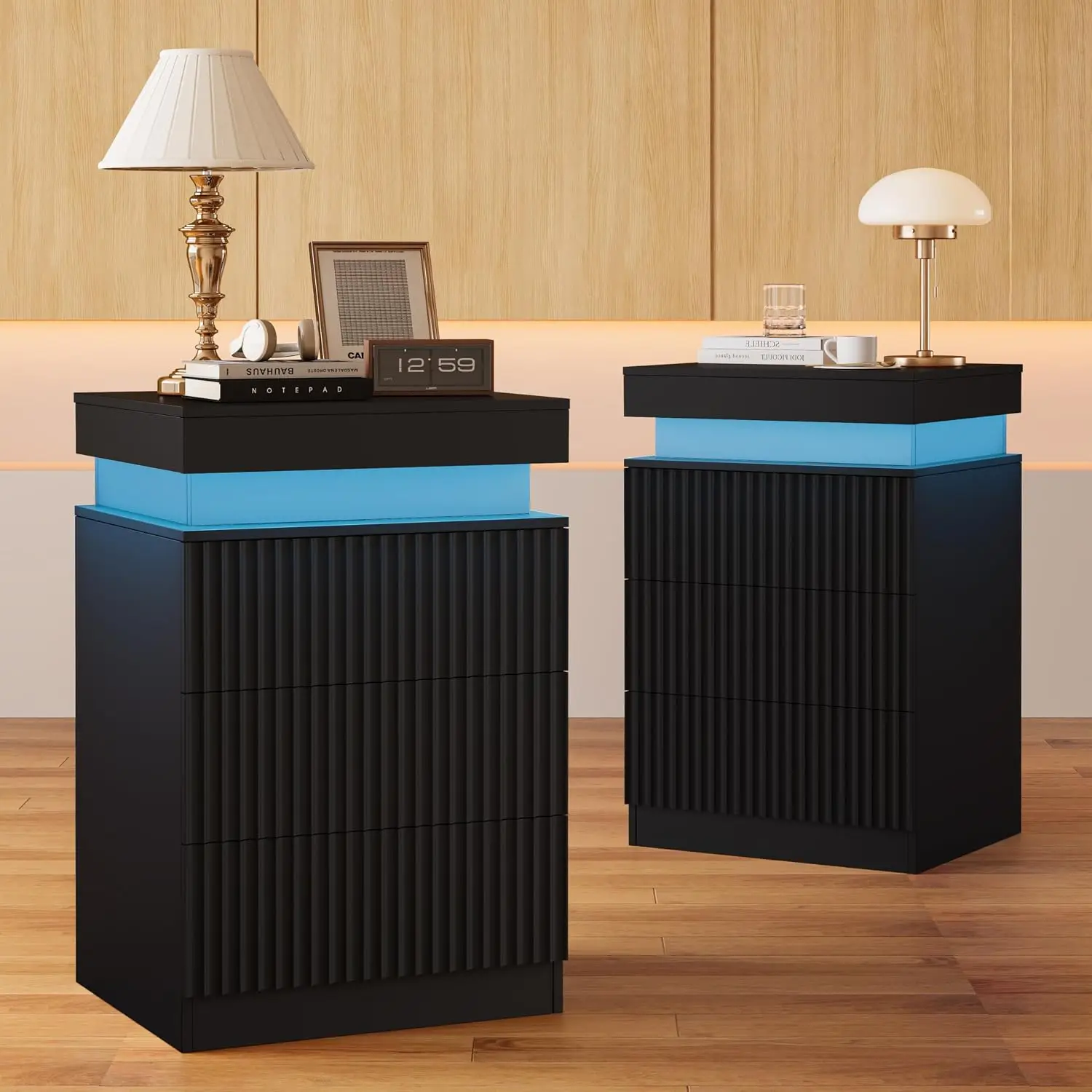 Black Nightstand with Charging Station and LED Lights, Modern Bedside Table with Sliding Top, Night Stand with 2, Customized