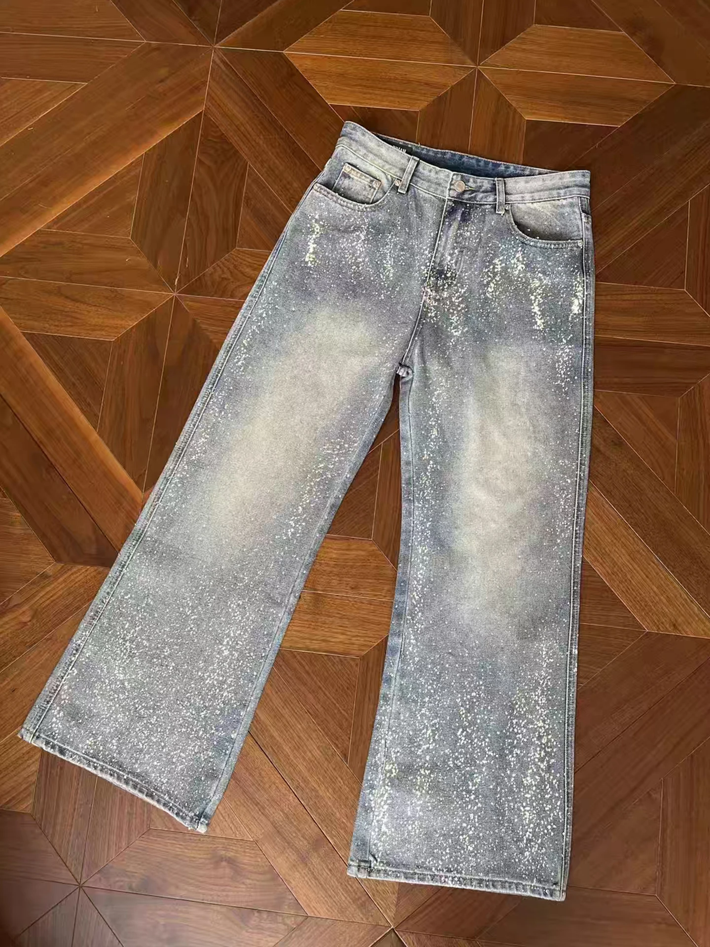 

Мужские джинсы Star River American High-End Design прямого кроя, синие, с принтом в виде звезд и эффектом брызг чернил, классические синие джинсы.