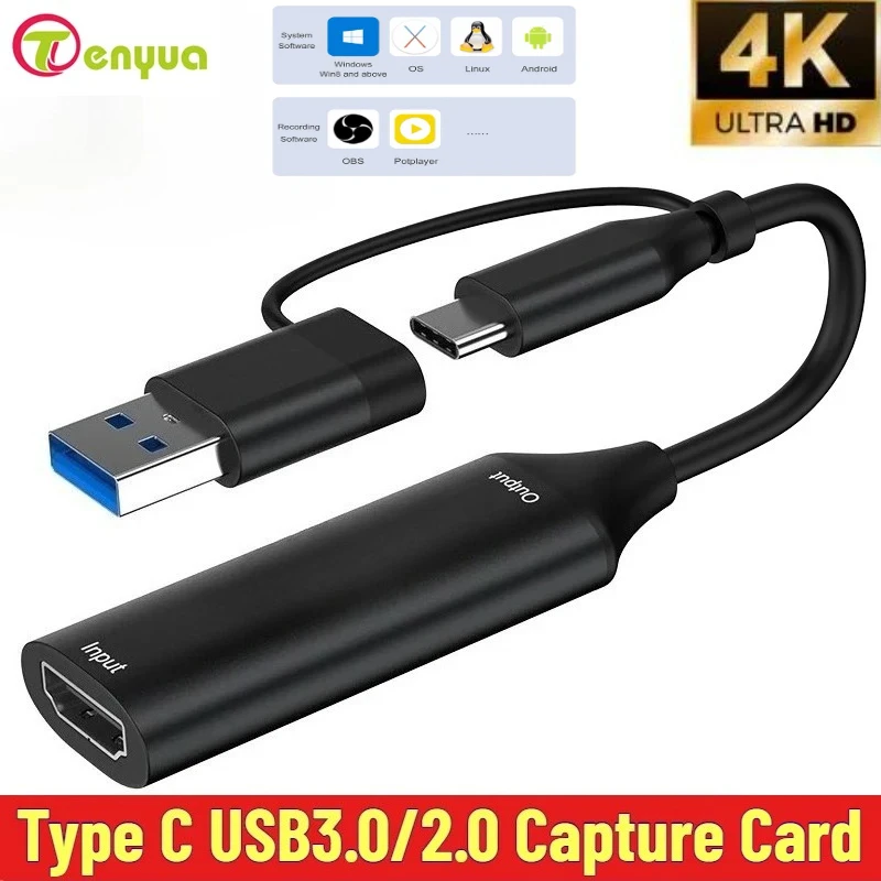 2025 Type C USB3.0/2.0 Capture Card 4K HD-compatible Video Grabber 1080P Game Recording Live Streaming for PS4 Xbox