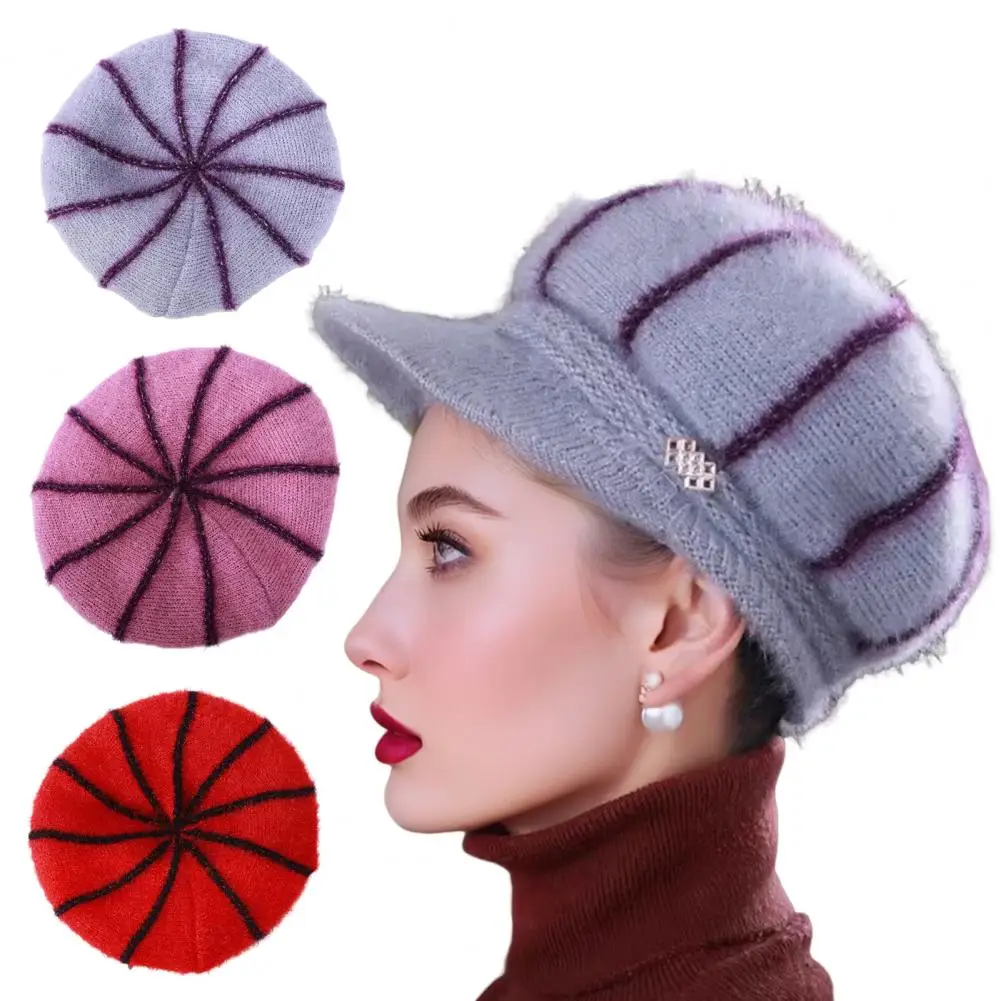 

Autumn Winter Women Hat Thick Warm Knitted Hat Soft Velvet Slouchy Cap with Visor Brim for Middle-Aged And Elderly Ladies