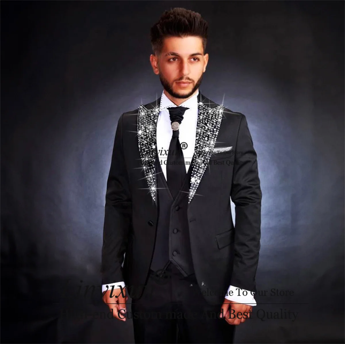 

Luxury Beaded Mens Suits Peaked Lapel Groom Wedding Tuxedos 3 Pieces Sets Business Prom Blazers Party Terno masculinos completo