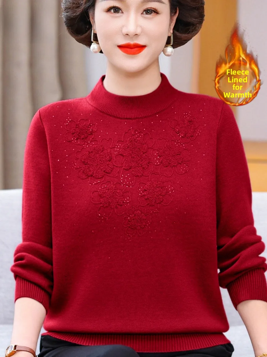 

Autumn Winter Thiened Warm Fce Lined f High Collar Women's Knitted Sweater ly Faionable Embroidered Top