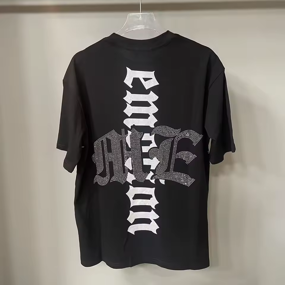 New Summer Letter Rhinestone Short Sleeve Black Mens Tshirts Streetwear Cotton Loose Round Neck Top Tees Oversized Unisex Tshirt - AliExpress 