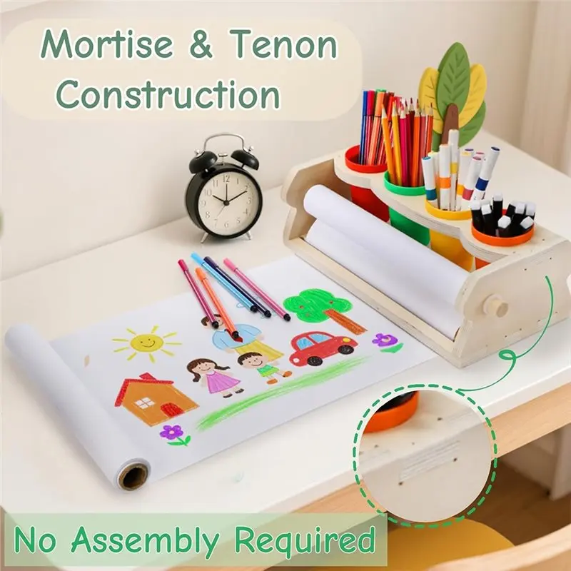 AT82-Wooden For Drawing Graffiti Art Paper Roll Dispenser Tabletop Holder With 1 Roll& 4 Pencil Cups