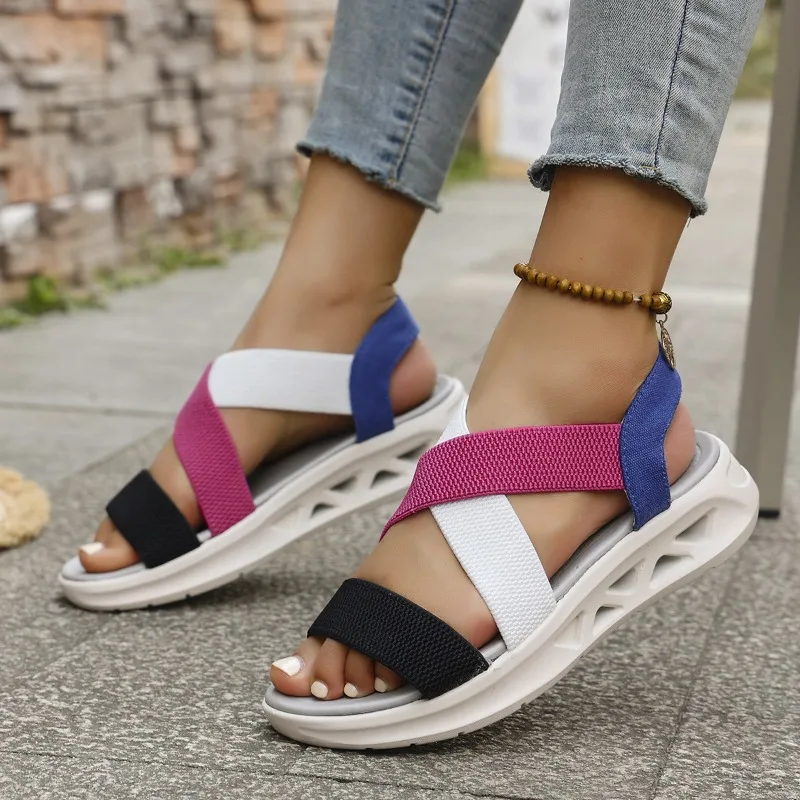 Women's Mix-color Casual Sandals 2025 Summer Thick Sole Wedge Open Toe Elastic Band Sandals for Everyday Wear Sandalias De Mujer