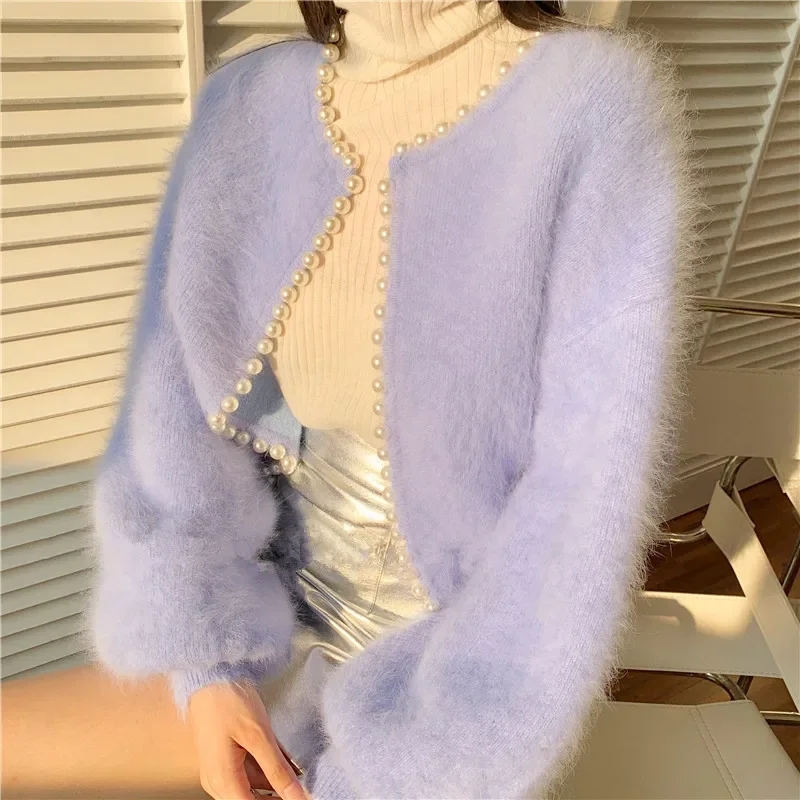 Korean Style Sweater Coat Cardigan Pearl Edge Imitation Mink Knitted Top Women's Autumn Winter Lazy Style Lantern Sleeve Beaded