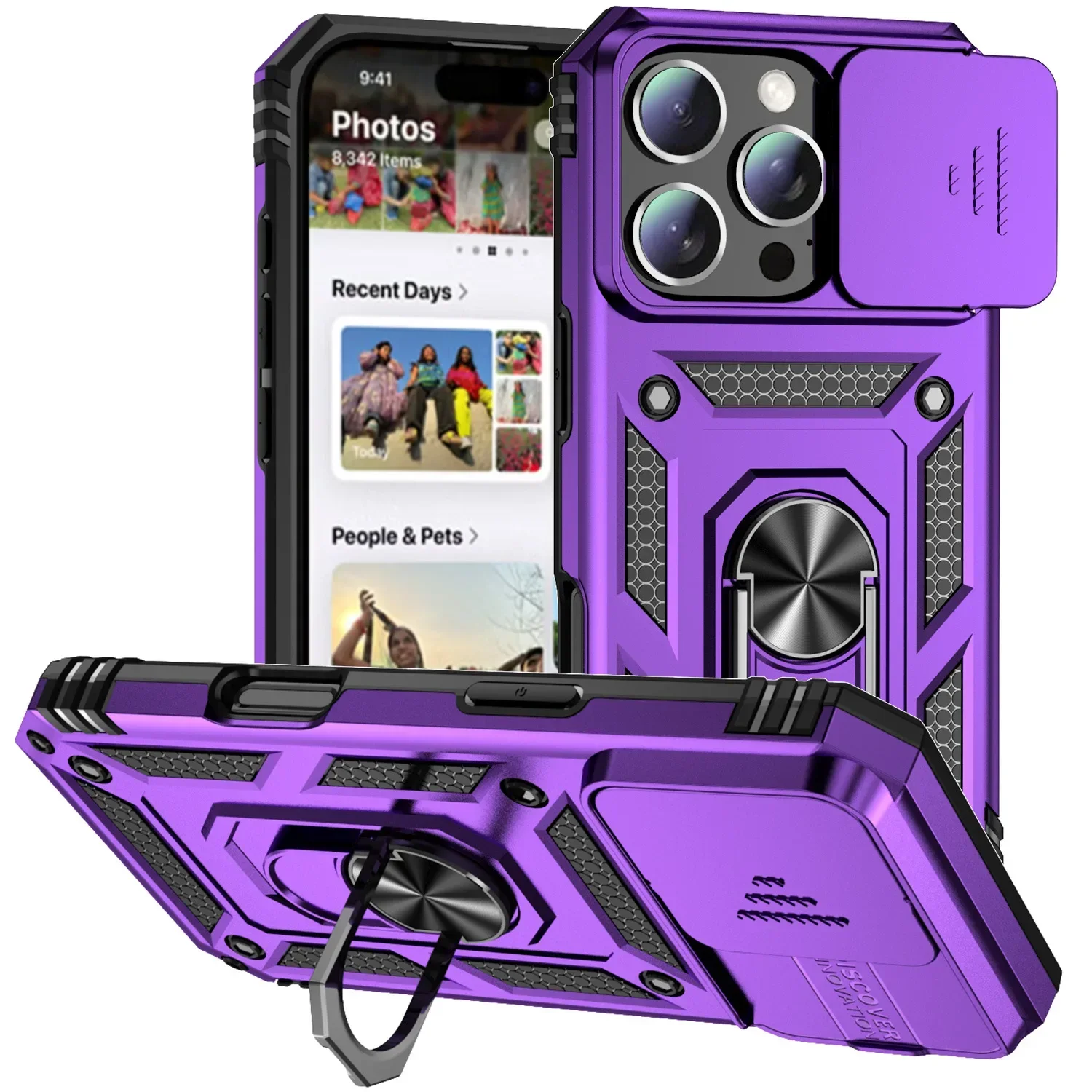 Funda de armadura para iPhone, soporte de anillo giratorio, lente de cámara deslizante, grado militar, 16, 14, 13, 12, 11, 15 Pro Max, 16 Plus, 13Mini, 12Mini