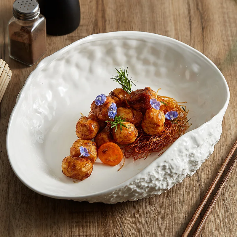 New Luxury Rock Texture Shell Ceramic Plate - Large Size for Steaming Fish & Soup, Elegant Home & Hotel Tableware