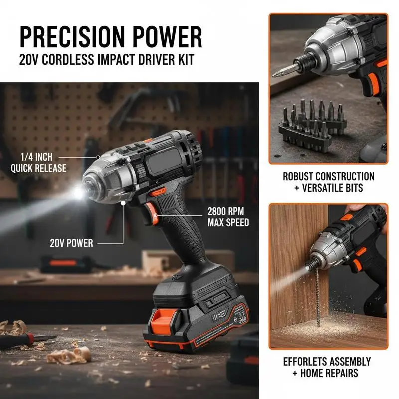 Power Bolt Driver 1/4 Inch 2800 RPM 20V Motor For Furniture Electrical Home Repairs, Cordless Kit Battery Charger 10 Bits LED Work Light