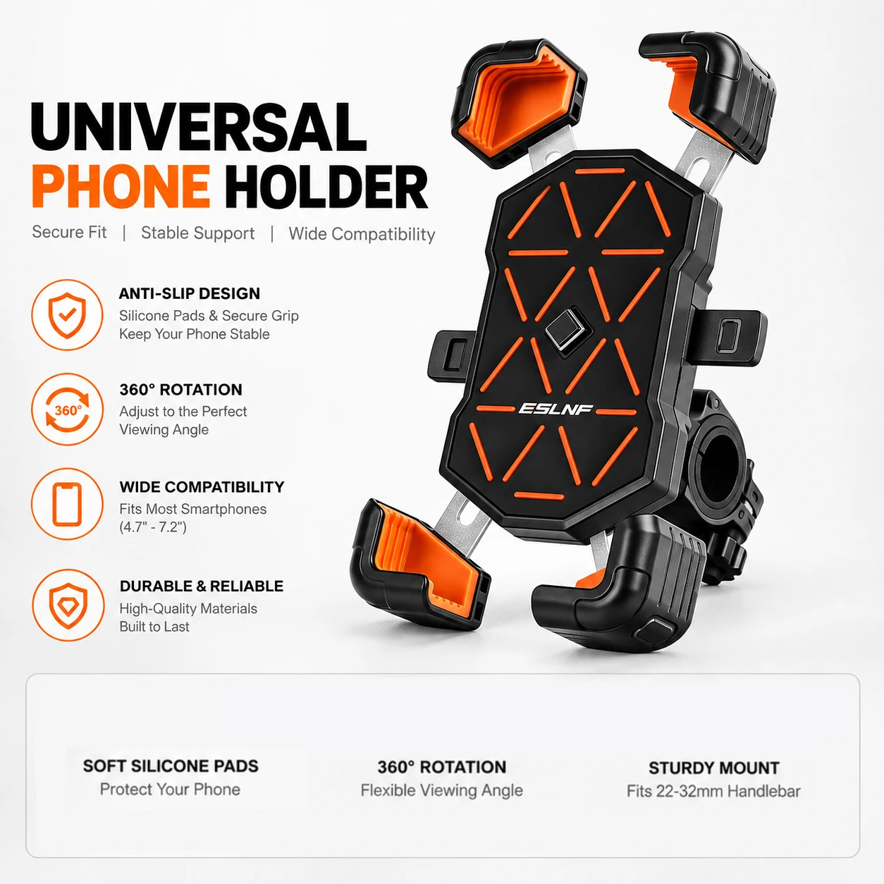 Motorcycle Phone Mount, Quick Release Handlebar Clamp - 360° Rotatable, Anti-Slip, Fits 4.5-7.1