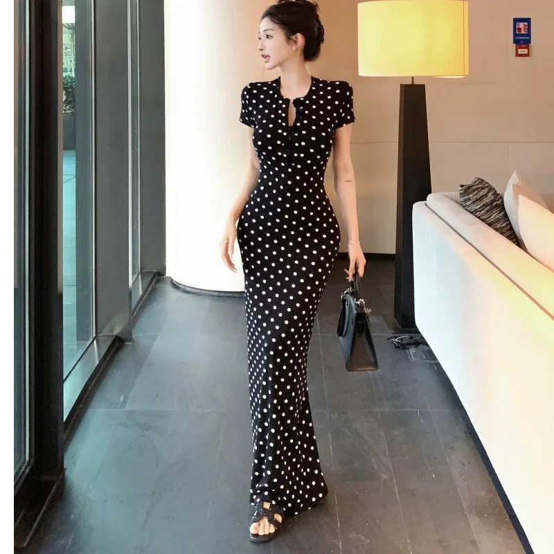 Ele Polka Dot V-Ne Floral Langes schlankmachendes Dr. Luxusgefühl Baumwoll-Sommerkleid Weicher Stoff Fi Tail Rock Ort Sve