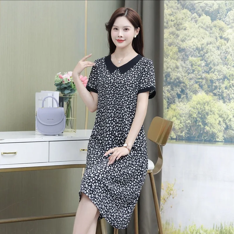 

Elegant Peter Pan Collar Printed Short Sleeve Floral Dress Women's Clothing 2024 Summer New Loose Office Lady Midi Dress