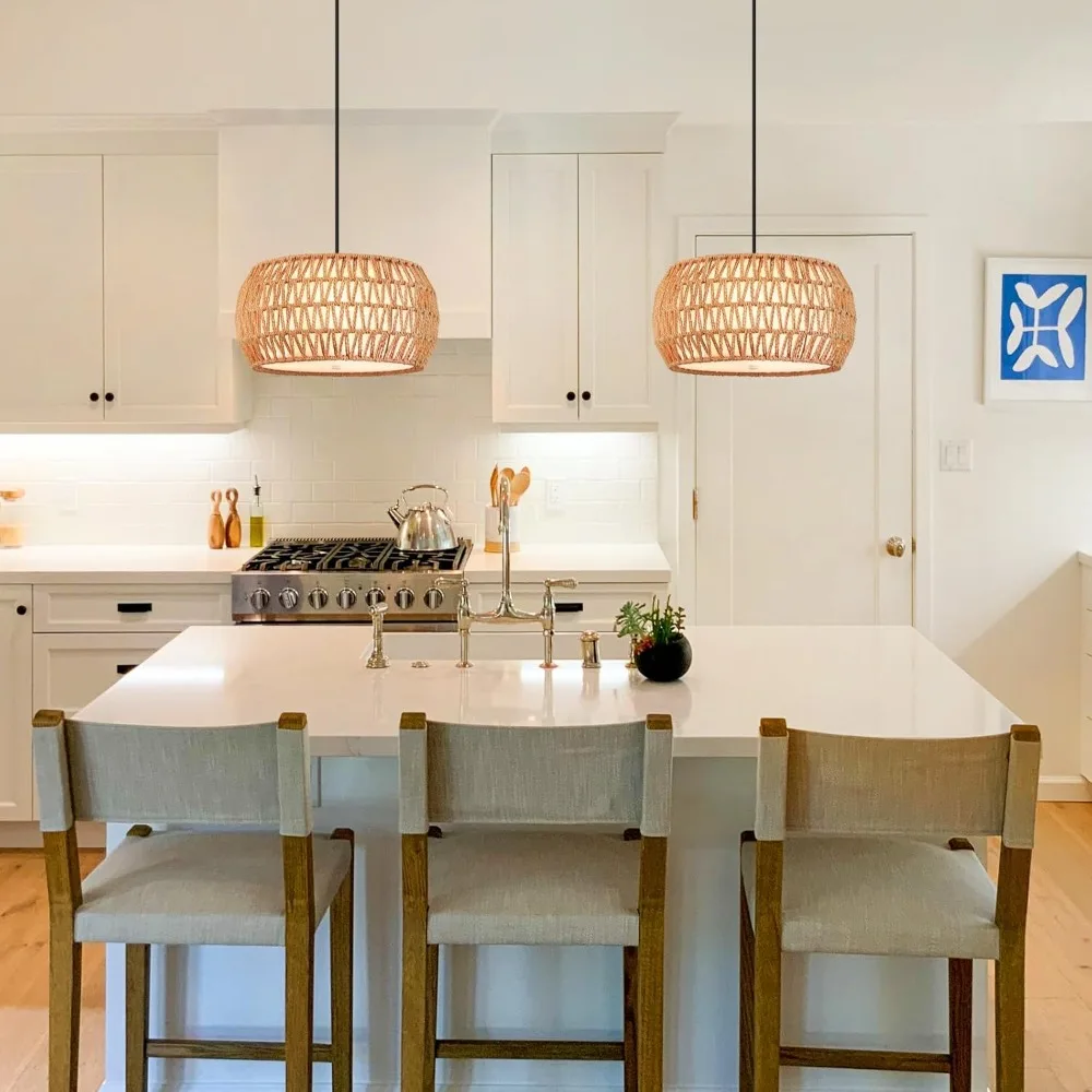 Boho Wicker Pendant Light Natual Hemp Rope Drum Ceiling Lamp Light Fixture LED Chandeliers for Dining Room Living Room Resturant