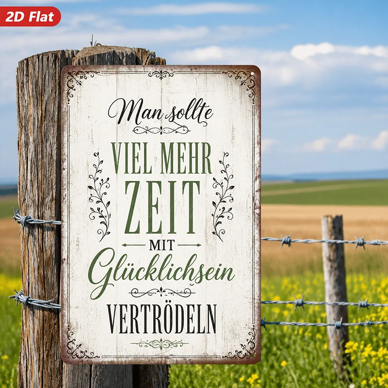1Pc 2D Flat Metal Tin Sign, German Quote Wall Plaque, Rustic Floral Design, Safe Round Corners, 4 Pre-drilled Holes