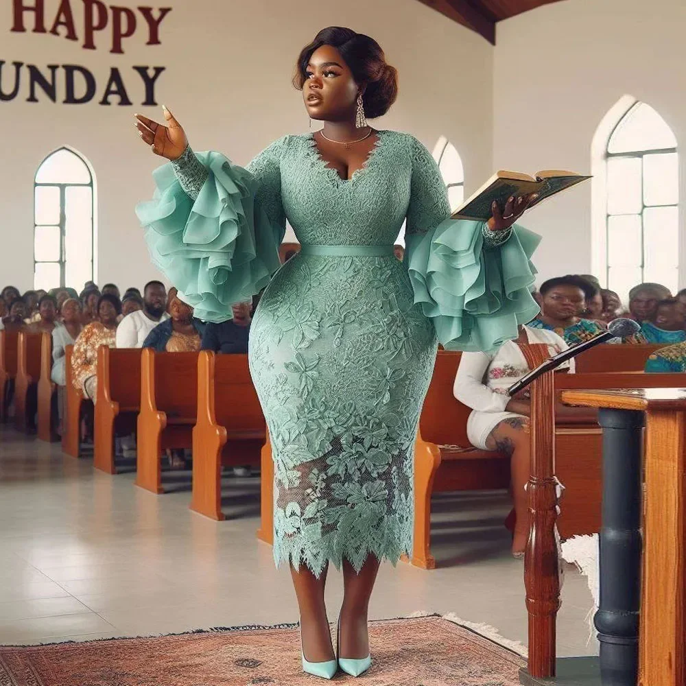 

African Mint Green Lace Evening Gowns Tea Length Aso Ebi Style Wedding Guest Dresses V neck Black Women Bridesmaid Dresses