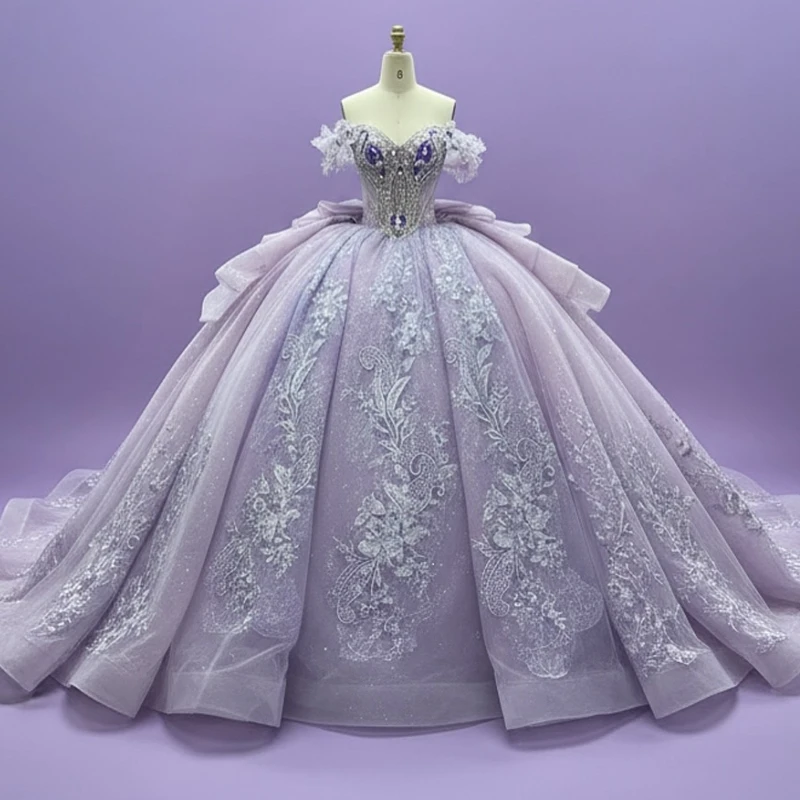 

Light Lilac Shiny Quinceanera Dresses Ball Gown Off The Shoulder Applique Lace Beading Crystal Tull Party Birthday Sweet 16