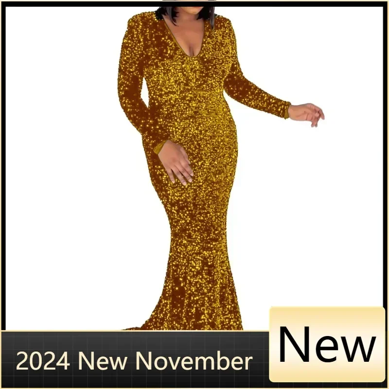 

Африканские вечерние платья с блестками для женщин, осенние африканские платья с длинными рукавами и v-образным вырезом, длинные платья макси, Дашики, африканская одежда