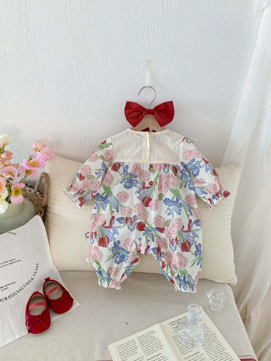 New Spring Collection for Newborns: Full Print Floral jumpsuit for infants and young children. Spring outfit with sweet hairband