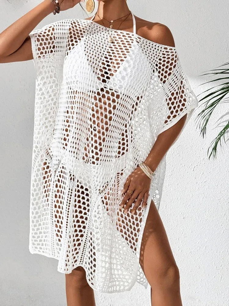 섹시한 여성용 솔리드 루즈 비키니 커버업, 속이 비치는 반팔 롱 비치 드레스, 레이디 브라질리언 수영복 커버업