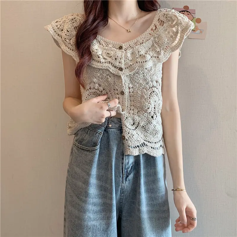 

Летняя новинка: винтажная вязаная кофта с ажурным узором и цветочным декором, премиум-класса, в стиле ретро, из тонкого хлопка, укороченная, приталенная модель.