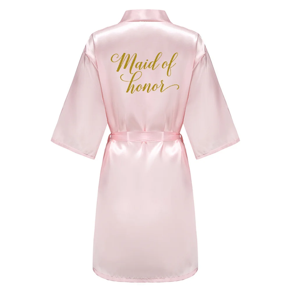 Wedding Party Bridesmaid Maid of Honor Robe With Gold Writing Letter Women Lady Pink Satin Bathrobe Kimono