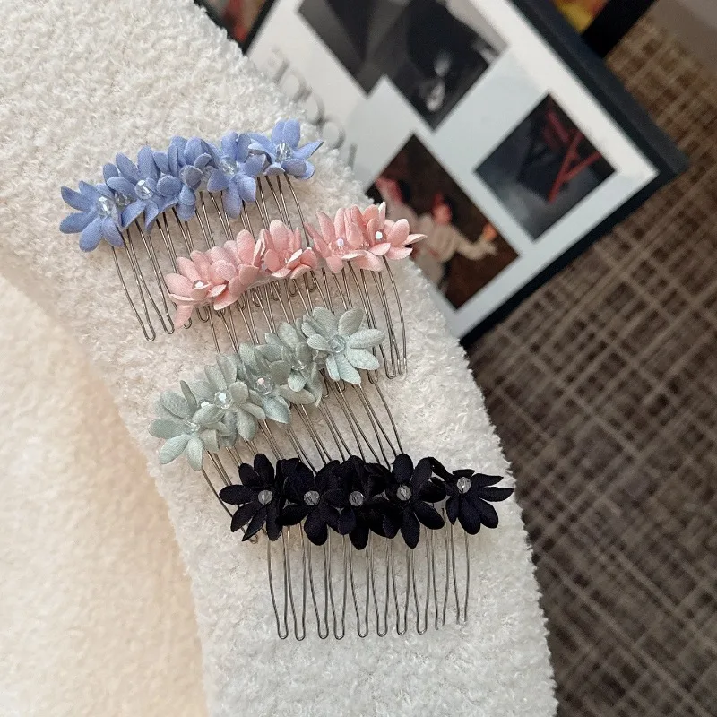 7cm Fairy-style sweet Flower Hair Comb for Women, Sweet Fabric Floral Hairpin, Anti-slip Hair Clip for Daily & Wedding