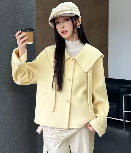 2026 Winter Women Wool Coat Spliced Sailor Collar Double Sided Warm Casual Short Single Breasted Woolen Outerwear Handmade