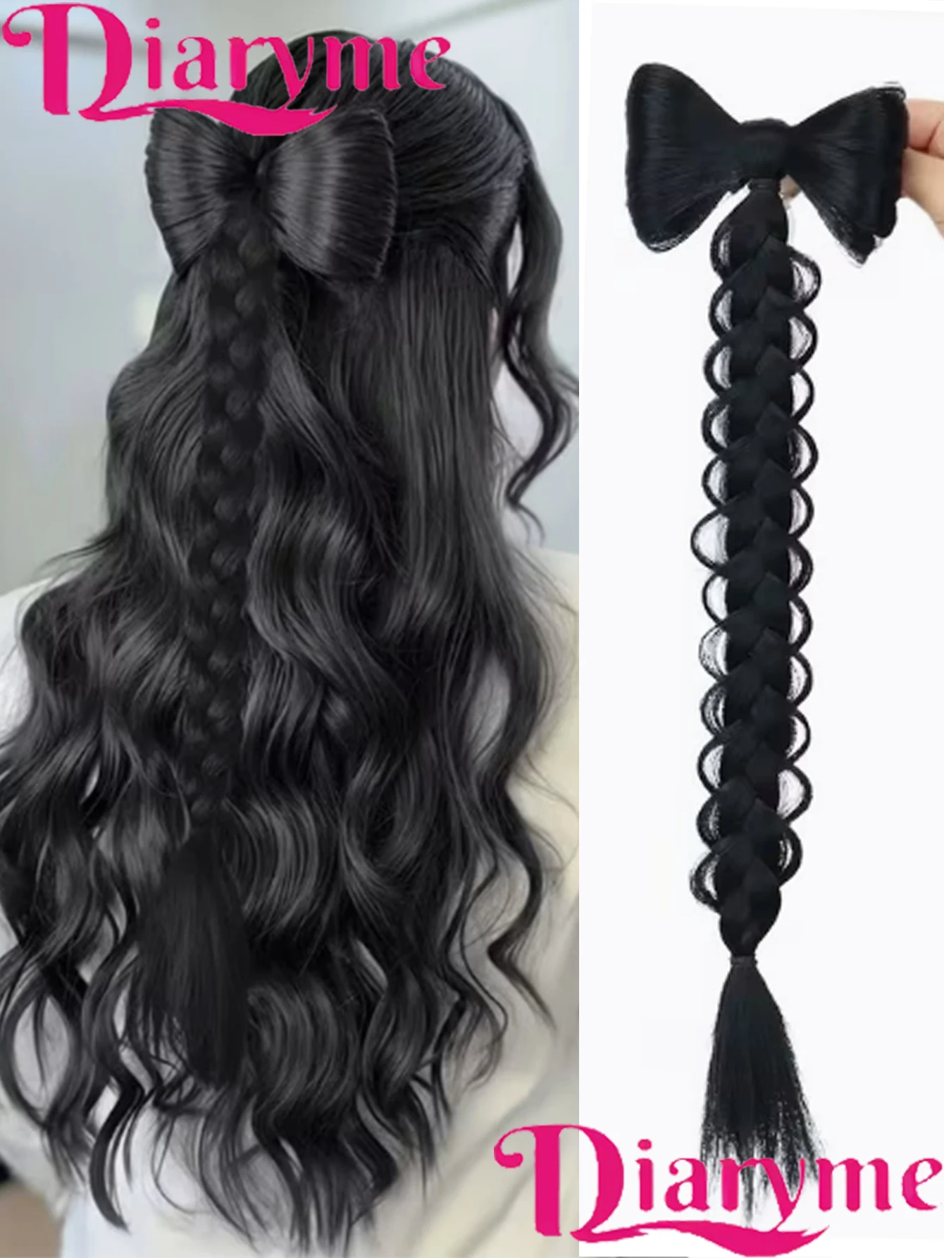 

Женские синтетические плетеные парики, кружевные косы с цветочным узором, парики-хвосты с бантом, заколки-цветы для волос с боковым креплением