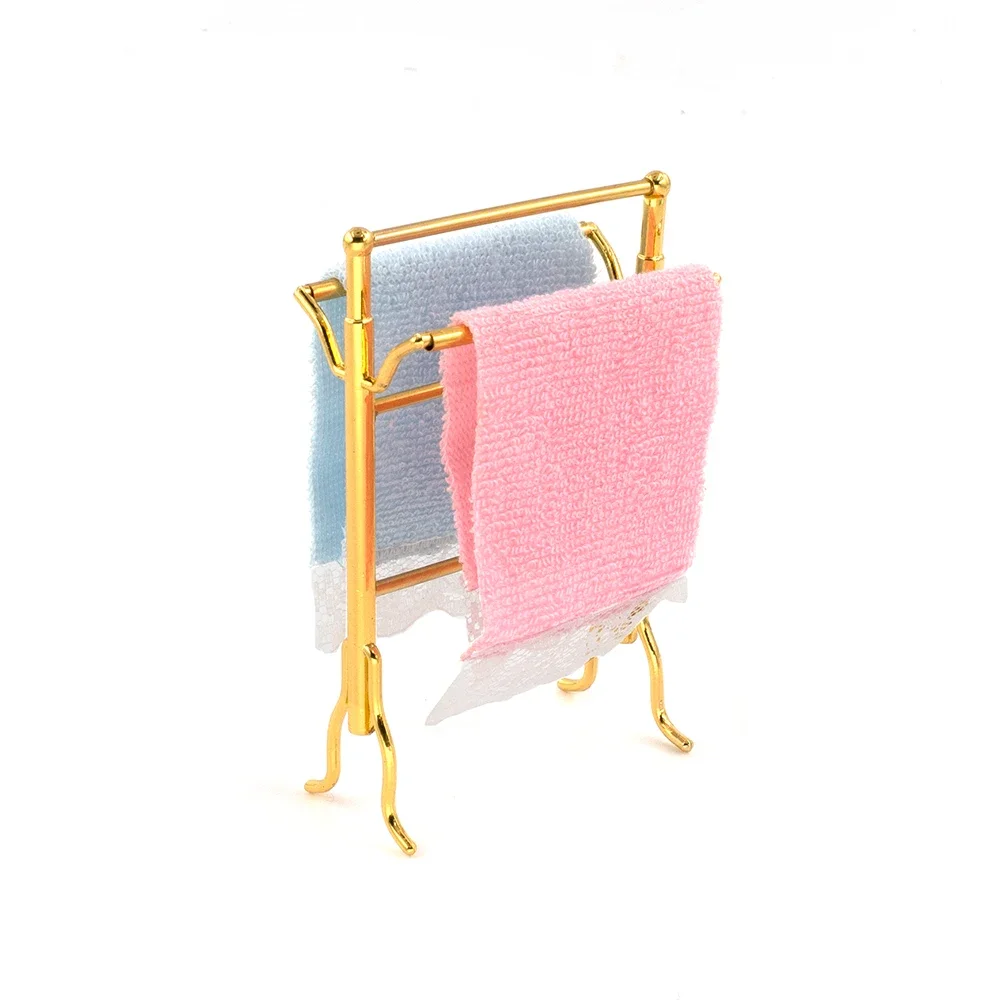 1Set 1/12 Doll House Miniature Towel with Rack Simulation Bathroom Bath Frame Model for Mini Decoration Dollhouse Accessories