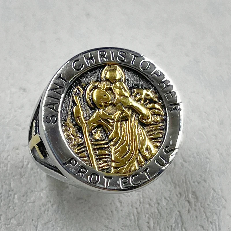 Vintage Saint Christopher Ring Fashion Punk Biker gold color Stainless Steal Cross For Men Christian Virgin Mary Amulet Jewelry