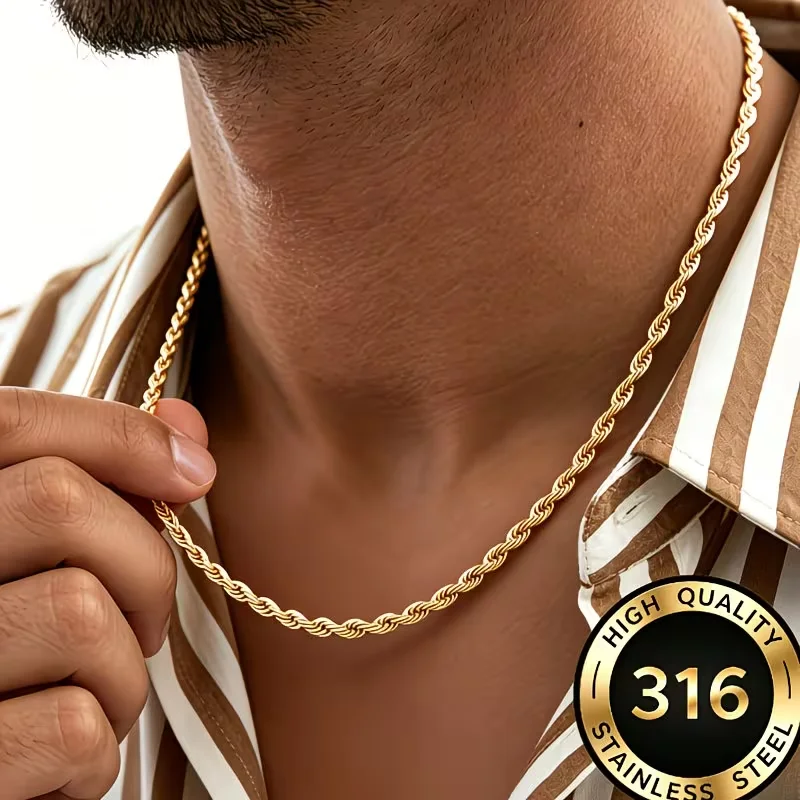 Classic Dainty Gold Color Rope Chain Necklaces for Women Men Chic Twisted Collar Waterproof Stainless Steel Link 2/3/4mm Width