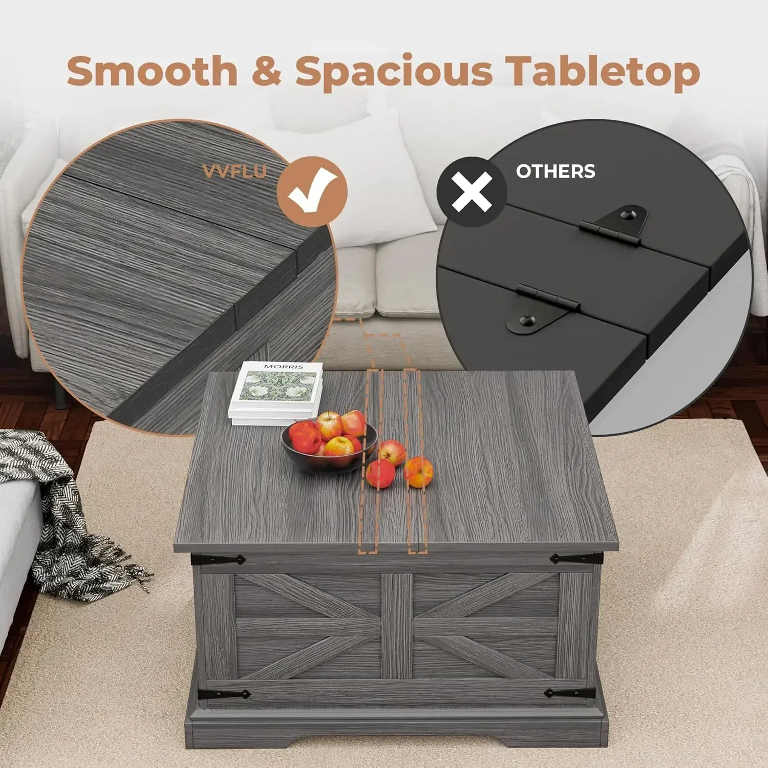 Farmhouse Coffee Table with Storage, Square Center Table for Living Room, Rustic WoodModern, Metal Corner, Grey