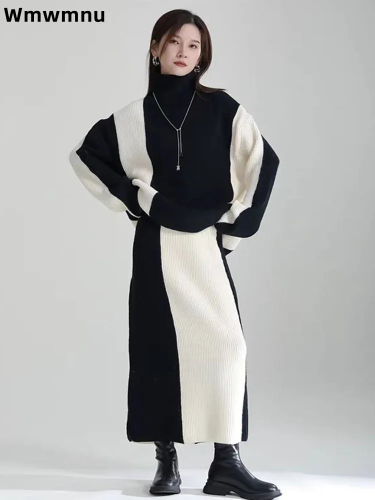 

Утолщенная водолазка в стиле пэчворк, свитер Conjuntos, женская повседневная мешковатая юбка, вязаные ансамбли контрастного цвета, теплый комплект из 2 предметов